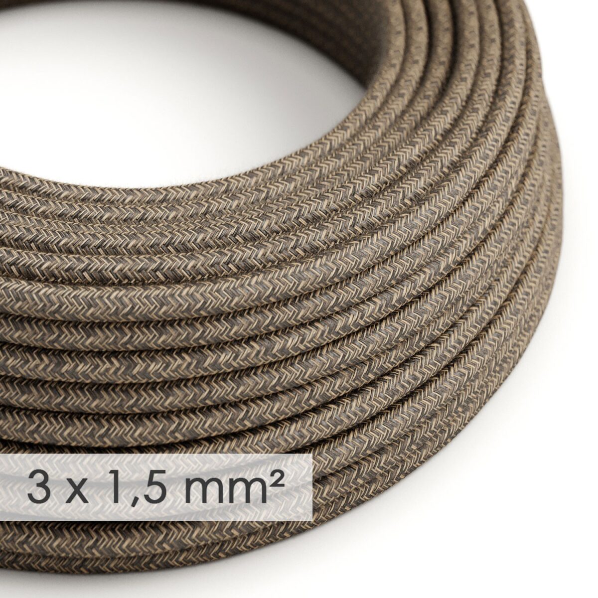 Rund – Brun Lin stoffledning. Stor kvadrat, 10A, 3×1.5mm2.