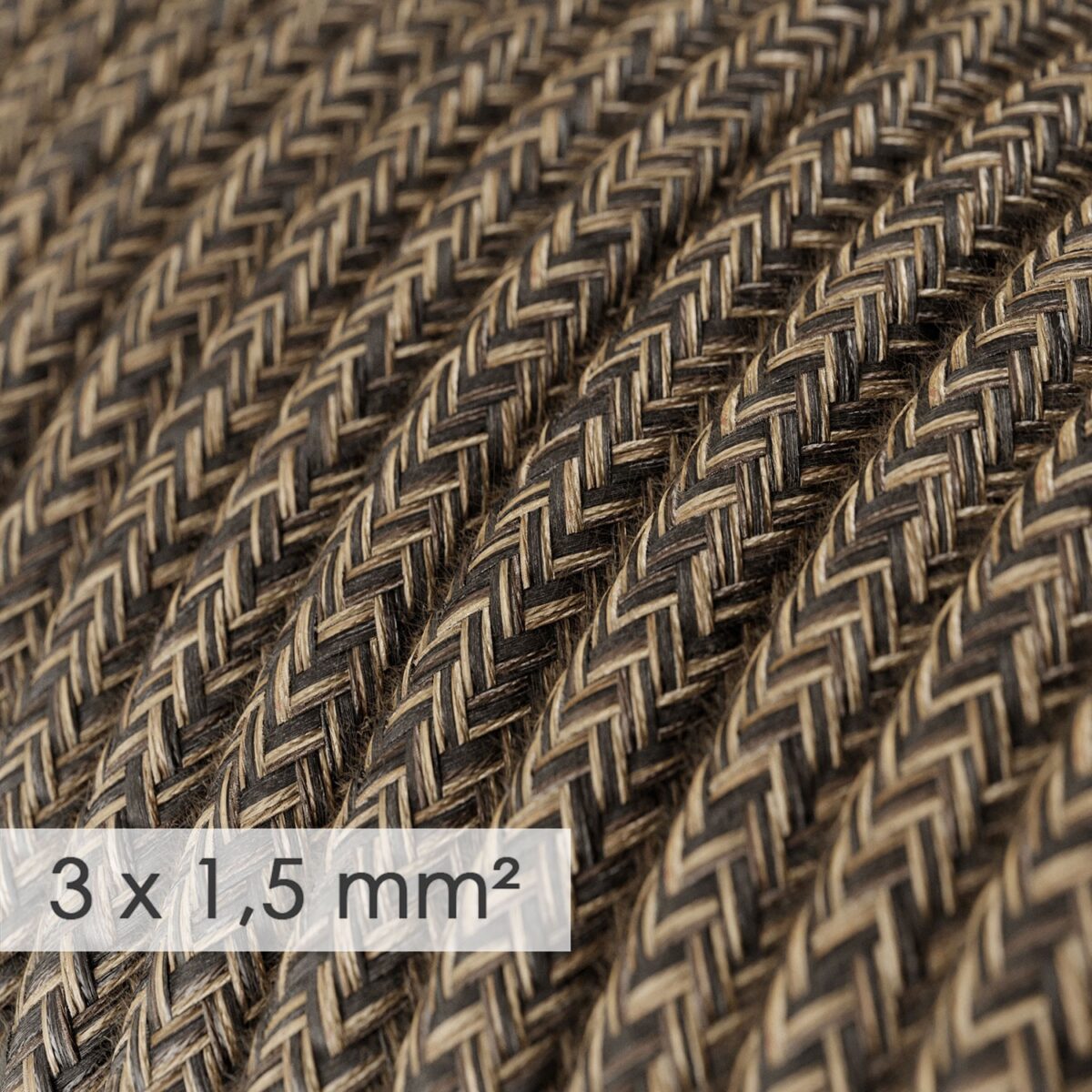 Rund – Brun Lin stoffledning. Stor kvadrat, 10A, 3×1.5mm2. - Bilde 2