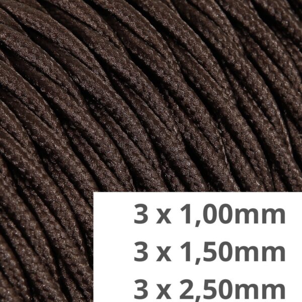 Tvinnet – Brun stoffledning. Stor kvadrat, 16A, 3×2.5mm²