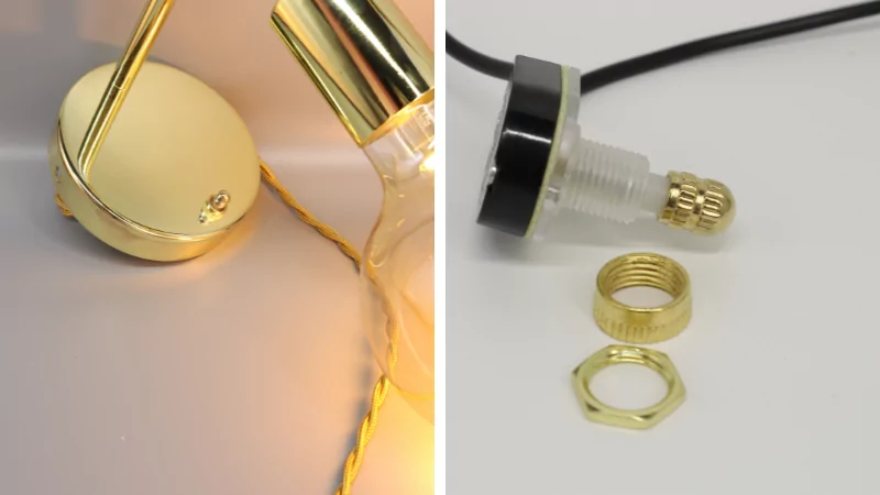 Kompakt mini-bryter til lampe. Vri - Messingfarget. 3A. - Bilde 2