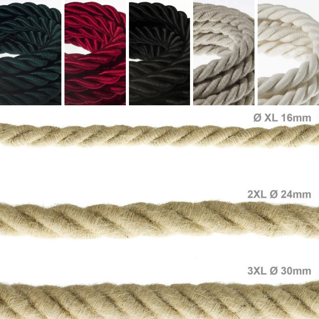 XL-3XL Stoffledning - Tykk tau lampeledning Ø16 - Ø30mm. 3×0.75mm2 (med jord)