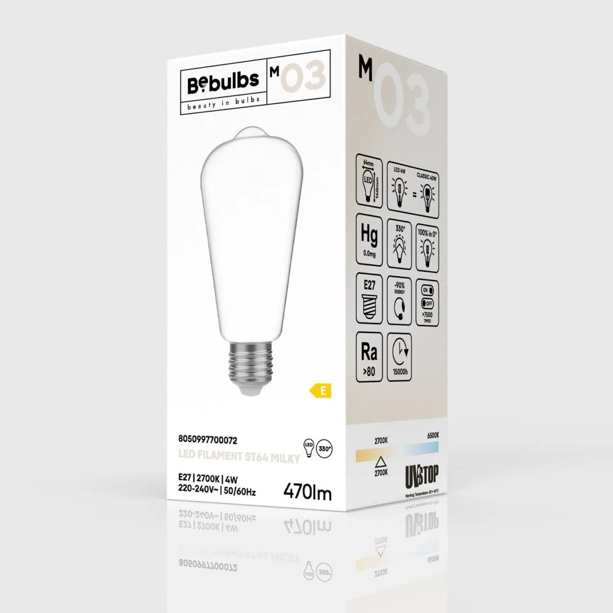 E27 Milky-White, Edison, Non-Dim, ST64 4W 470Lm 2700K - Bilde 4