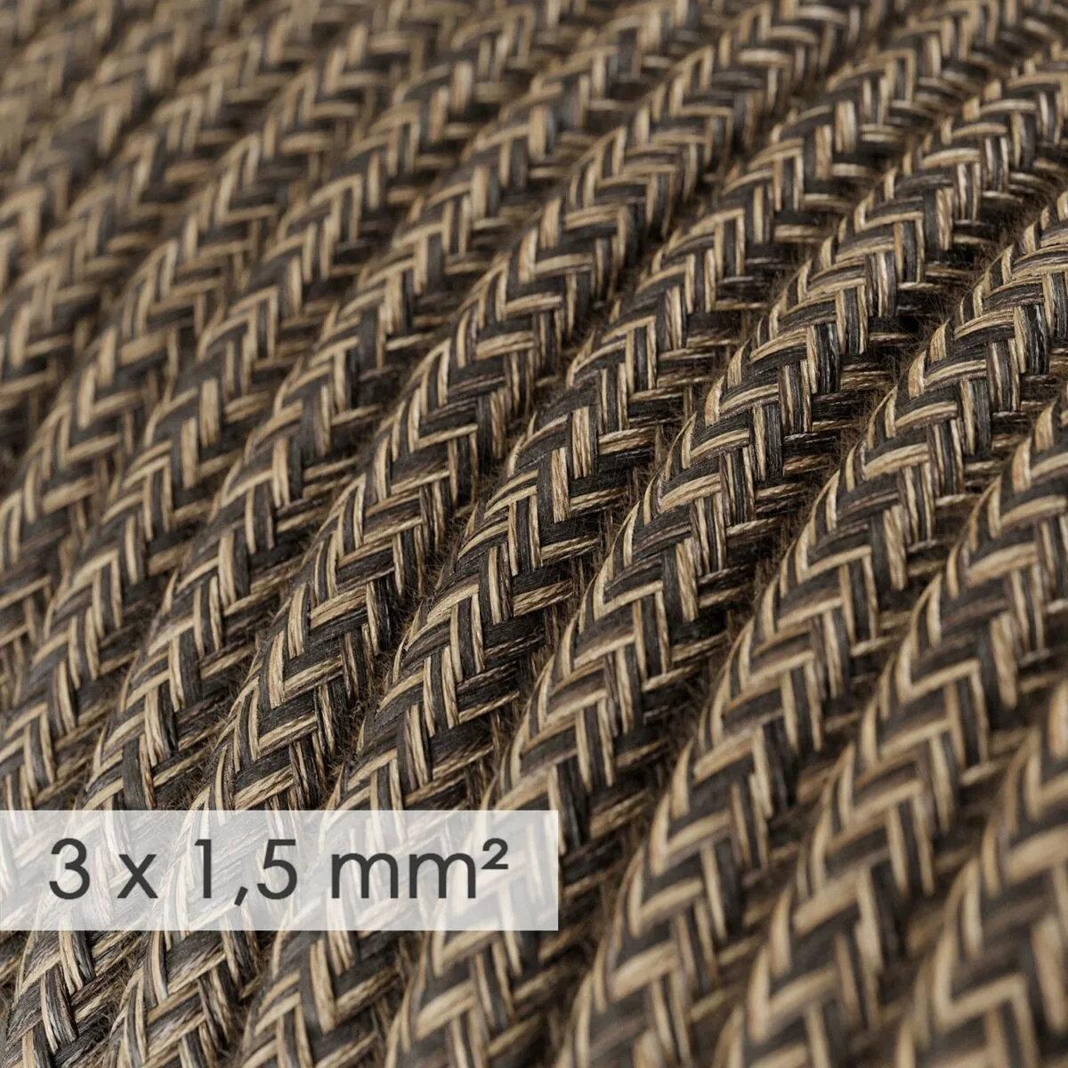 Rund – Brun Lin stoffledning. Stor kvadrat, 10A, 3×1.5mm2. - Bilde 2
